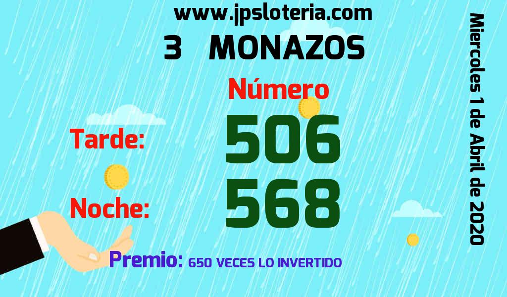 Resultados 3 Monazos del Miércoles 1 de Abril de 2020