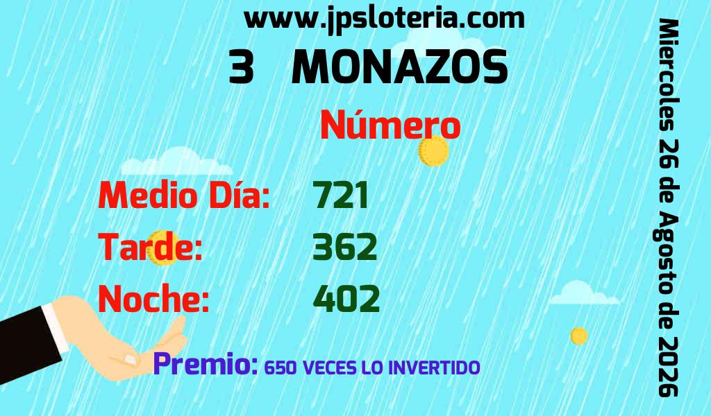 Resultados 3 Monazos del Miércoles 26 de Agosto de 2026